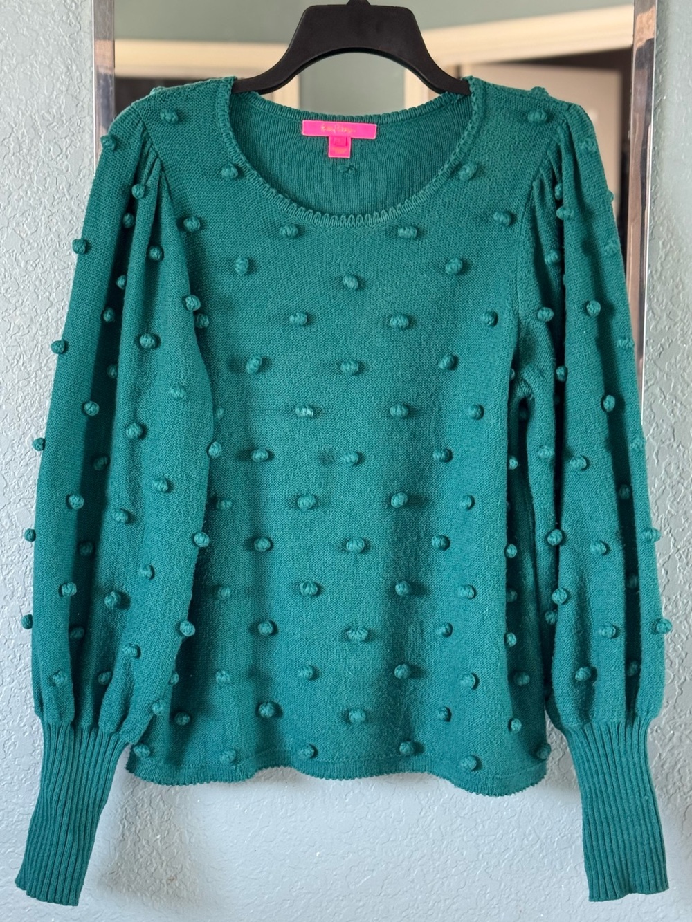 Lilly Pulitzer Kippa Puff Sleeve Sugar Teal Pom-Pom Crew Neck Sweater Size L